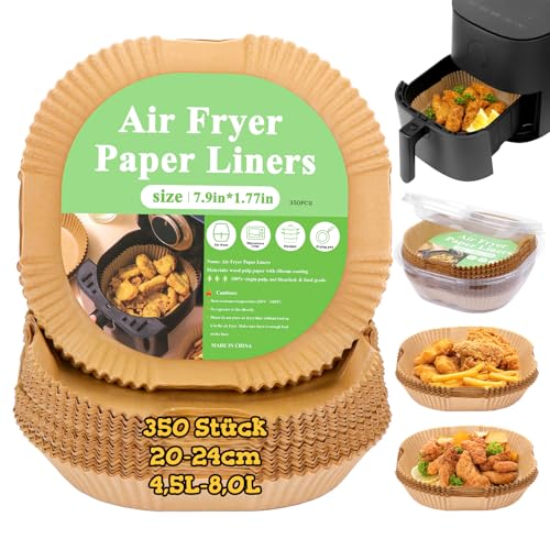FTUREERA 350 Stück Backpapier für Heißluftfritteuse 20-24cm, Airfryer Backpapier für Heißluftfritteuse 4,5L-8L, Antihaft Wasserdicht Ölfest Backpapier Kompatibel mit COSORI Philips Ninja Cecotec von FTUREERA
