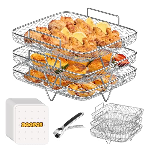 FTUREERA 3 Etagen Airfryer Körbe Kompatibel mit Ninja Foodi AF500EU, Stapelbare Körbe für Heißluftfritteusen, 304 Edelstahl Air Fryer Racks Airfryer Grillrost mit Backpapier und Verbrühschutzclip von FTUREERA