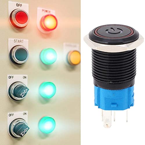 2 Stück Drucktastenschalter, Industrielle Steuerkomponenten, LED Tasten und Anzeigen, 16 mm 1NO1NC Drucktastenschalter schwarz wasserdicht für Auto (Rot-220VAC) von FTVOGUE