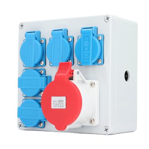 FTVOGUE Industrielle Wasserdichte Sockelbox mit 5 AC250V 16A EU -Steckdosen 1 AC220-380V 240-415V CEE -Sockel, Langlebiger Stromverteiler für Baustellen Im Freien und Gärten von FTVOGUE