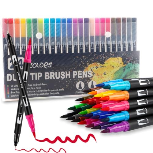 FTXanty Filzstifte Set Malmarker 24 Farben, Aquarellmarker, Aquamarker, Marker mit Doppelspitze Aquarellstifte zum Malen, Ausmalen, Selbermachen von FTXanty