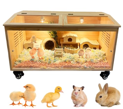 Chick Brood Box Kükenaufzuchtbox aus natürlichem Kiefernholz, Ausgestattet mit einem beheizten Lampenhalter und Thermostat,und ausgestattet mit 4-Bremsrollen, für Küken/Hamste kausicheres(80x40x40cm) von FTYSXP