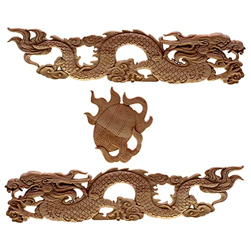 FTYYSWL Chinesischer Drache aus Holz, lange Blumen-Schnitzerei, Applikation, Heimdekoration, Zubehör, Tür, Schrank, Möbel, Figuren, 36 x 8 cm von FTYYSWL