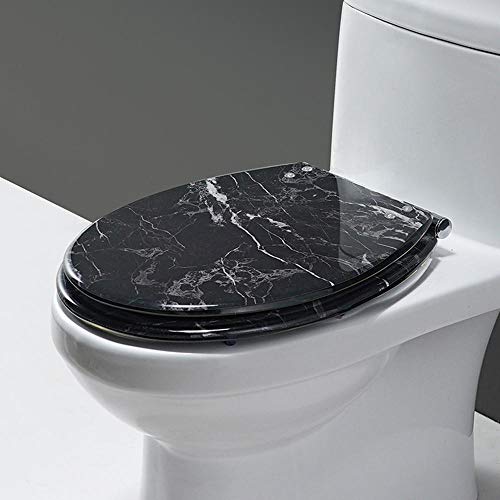 FTYYSWL Schöner Toilettensitz aus Harz, Absenkautomatik, stabile Scharniere, leicht zu reinigen, mit Schnellverschlussknopf, für Badezimmer, schwarzer Marmor-Imitat von FTYYSWL