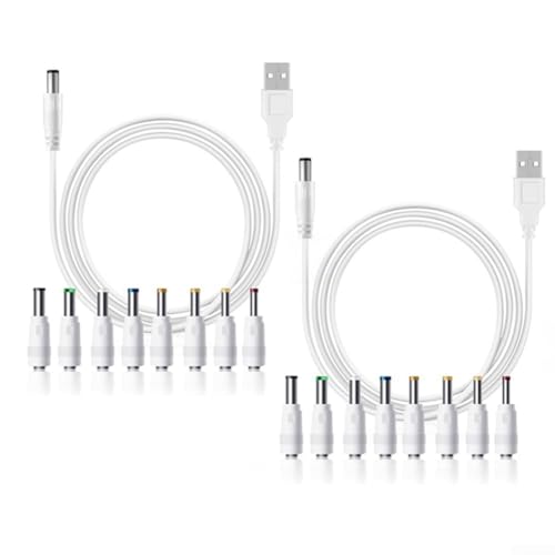 2 Pack USB auf DC Ladekabel mit 8 Adaptern, unterstützt 5V/9V/12V für verschiedene Elektronik einschließlich LED-Leuchten (Weiß-9V) von FUANA