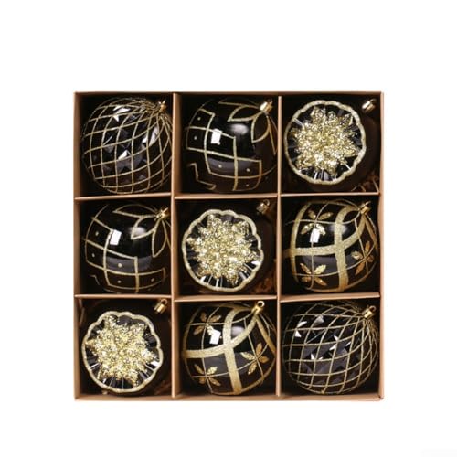9-teiliges Weihnachtskugel-Ornament-Set mit bruchsicherem Kunststoff und Schnüren zum Aufhängen an Baum oder Kranz, Urlaubsdekoration (Schwarzgold) von FUANA