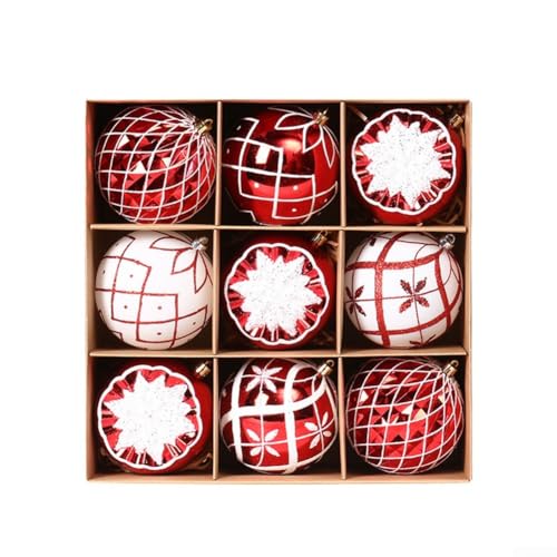 9-teiliges Weihnachtskugel-Ornament-Set mit bruchsicherem Kunststoff und Schnüren zum Aufhängen an Baum oder Kranz, Urlaubsdekoration (rot weiß) von FUANA