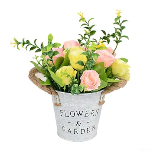 Dekorativer künstlicher Blumentopf, kompaktes Kunststoff-Blumenornament zur Verschönerung Ihres Wohnraums und besonderer Anlässe (gelb rosa) von FUANA