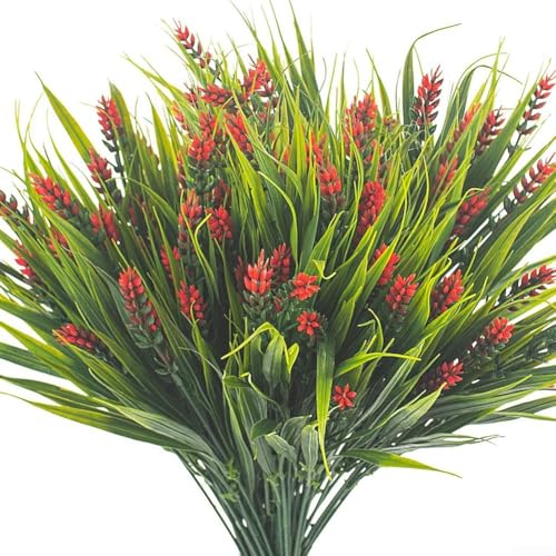 Dekoratives Kunststoffgras-Set 8 lebensechte Bündel für DIY Handwerk und mehr (rot) von FUANA