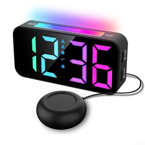 Doppel-Wecker mit RGB-LED-Display, Schlummerfunktion und Vibrationsmodus für lautlose Ups, geeignet für den Nachttisch mit einstellbarer Helligkeit und mehreren Lautstärkestufen (farbige Zeichen) von FUANA
