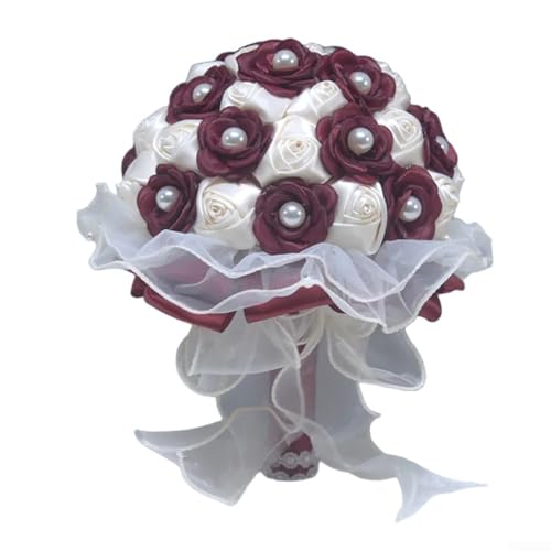 Künstlicher Brautstrauß und Brautjungfernblumen aus Seidenstoff für Hochzeiten, entworfen, um Zeremonie Eleganz mit lebensechtem Aussehen zu verbessern (weinrot) von FUANA