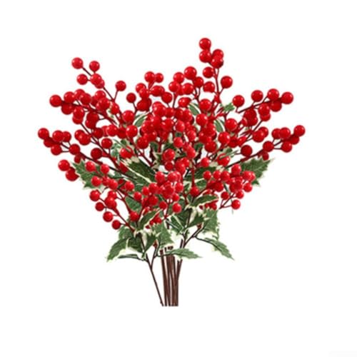 Set mit 8 künstlichen Stechpalmenbeerzweigen für die Weihnachtszeit, Blumenarrangements und dekorative Arrangements mit natürlicher Stielstruktur und langlebigen Materialien (rot) von FUANA