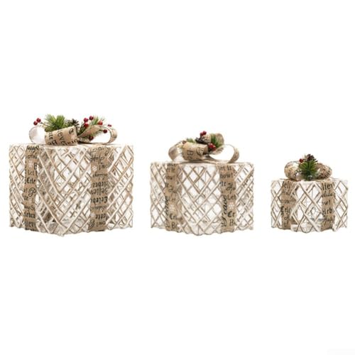 Weihnachtsbeleuchtung Dekoration Set mit 3 Boxen mit Plüschstoff und silberner Drahtumwicklung, Timer aktiviert für Innen- und Außenurlaubsstimmung (Curry White) von FUANA