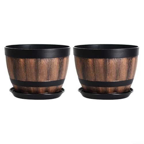 2er Set Blumentöpfe aus Kunststoff mit rustikalem Weinwannen-Design, Drainagesystem für gesundes Pflanzenwachstum, geeignet für den Innen- und Außenbereich (B) von FUBESK