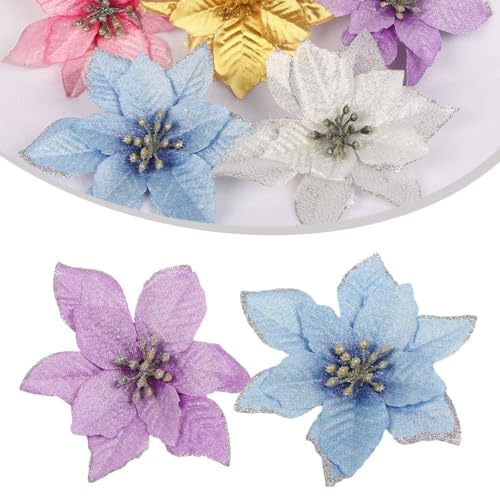 FUBESK 13 cm großer Weihnachtsstern, Glitzer-Blumen-Ornament für Baum, Kränze, Girlande, Urlaub, Party-Dekoration aus Stoff, Kunststoff, hängende Weihnachtsdekoration für Zuhause, Garten, Hochzeit von FUBESK