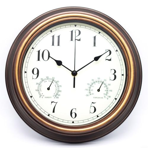 FUBESK 30,5 cm große Gartenwanduhr, leises Uhrwerk mit Temperatur- und Feuchtigkeitsmonitor, wetterbeständig, für den Innen- und Außenbereich, dekoratives Thermometer-Display (rotes Kupfer) von FUBESK