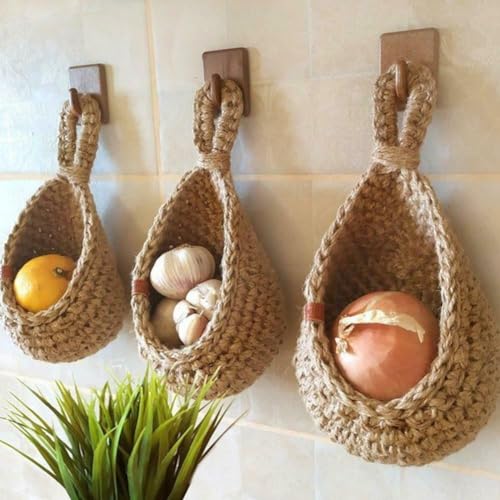 FUBESK Obstkorb zum Aufhängen, Boho-Jute-Hängekörbe für die Organisation, hängende Wand Obst Gemüse Körbe (T 21 x H 21 x 23 cm) von FUBESK