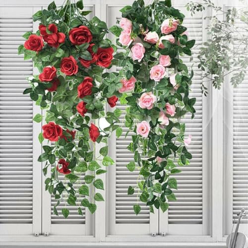 Home Garden Indoor Outdoor Decor with Artificial Rose Flower Vine, Hanging Floral Garland Made of Silk and Plastic, Realistic, 90cm Length (Red) von FUBESK