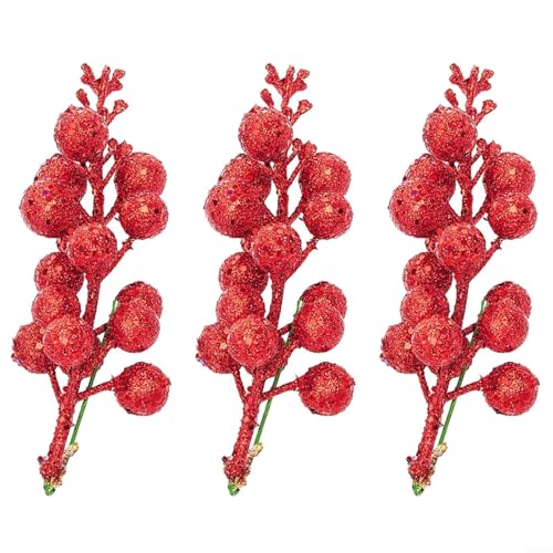 Künstliche Weihnachtsbeerenstiele 3 Stück mit funkelndem Glitzer und biegbarem Draht für DIY Baum, Girlande und Kranz Dekoration für saisonale Dekorationen (rot) von FUBESK