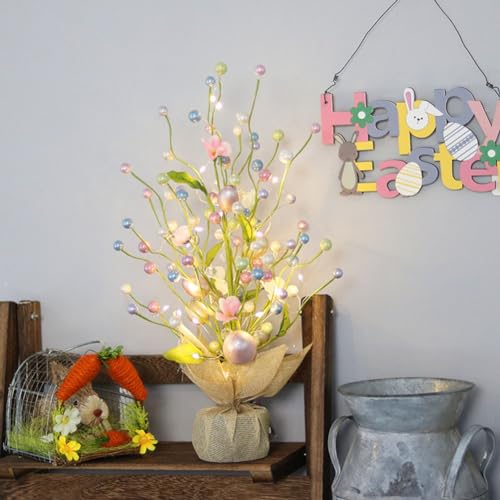 Künstlicher Baum für Ostern, 45 cm, Tisch-Ostereier-Baum mit Licht, für Tische, Heimdekoration, LED-Leuchte pastellfarbene Ostereier (1) von FUBESK