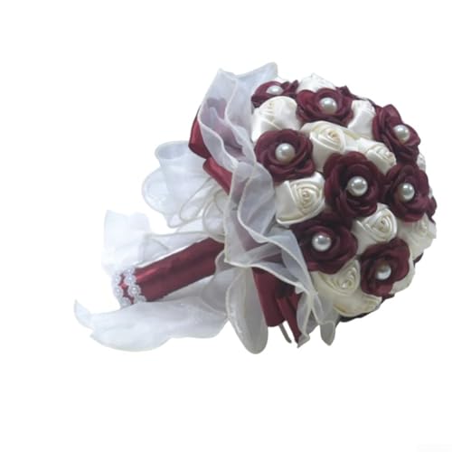 Künstlicher Brautstrauß aus Seidentuch für Hochzeiten, mit lebensechtem Design und Konstruktion für Bräute und Brautjungfern bei Zeremonien und Fotoshootings (Weinrot) von FUBESK