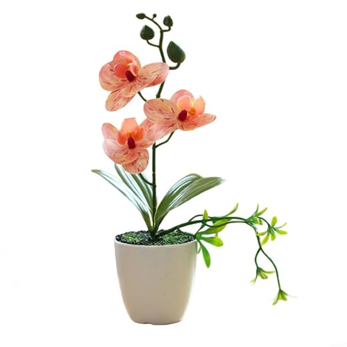 Phalaenopsis Orchidee Bonsai Seide Blume Pflanze Indoor Display Dekoration mit weißem Topf 26 cm (orange) von FUBESK