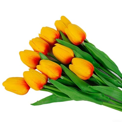 Set mit 10 künstlichen Tulpen für Hochzeit, Zuhause, Wohnzimmer, Dekoration, Blumenarrangement mit Stiel-Design (33 cm, Sonnenuntergang-rot) von FUBESK