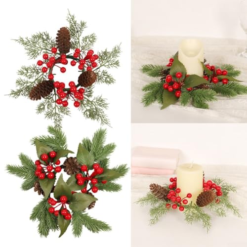 Weihnachtskerzenring-Set mit vier lebensechten Tannenzapfen und roten Beeren, perfekt für eine elegante Note zu Kerzenhaltern und Winterferiendekorationen (1) von FUBESK