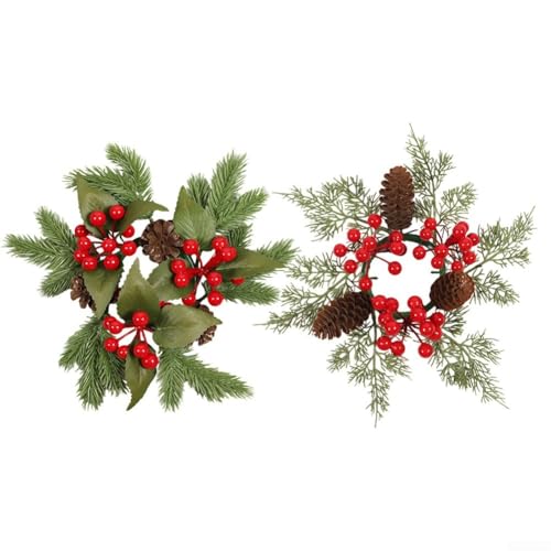 Weihnachtskerzenring-Set mit vier lebensechten Tannenzapfen und roten Beeren, perfekt für eine elegante Note zu Kerzenhaltern und Winterferiendekorationen (2) von FUBESK