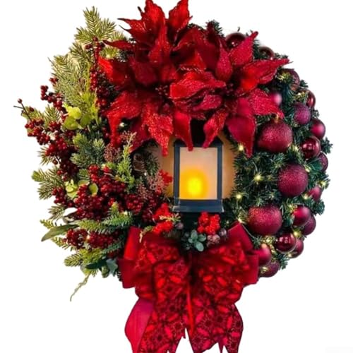 Weihnachtskranz, roter Weihnachtskranz mit Lampe für Haustür. Verbessern Sie den festlichen Geist mit dieser weihnachtlichen Öllampe und Kranz-Kombination (rot, 30 cm) von FUBESK