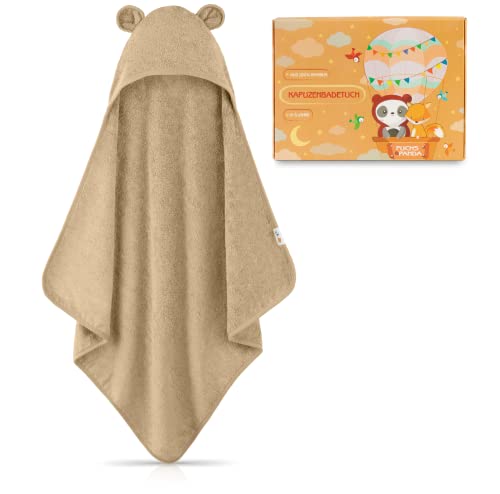 FUCHSUNDPANDA ® Kapuzenhandtuch Baby EXTRA dick, warm & weich | 75x75cm Babyhandtuch mit Kapuze (100% Bambus) | Baby Handtuch Kapuze mit toller Geschenkverpackung (Mojave-beige) von FUCHSUNDPANDA