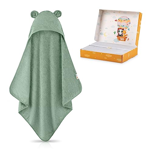 FUCHSUNDPANDA ® Kapuzenhandtuch Baby EXTRA dick, warm & weich | 75x75cm Babyhandtuch mit Kapuze (100% Bambus) | Baby Handtuch Kapuze mit toller Geschenkverpackung (Kupfer-grün) von FUCHSUNDPANDA