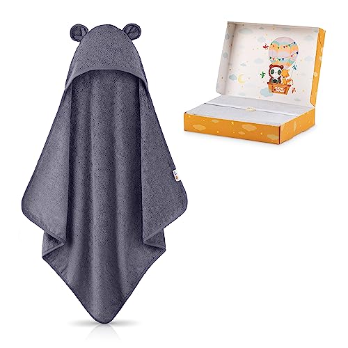 FUCHSUNDPANDA ® Kapuzenhandtuch Baby EXTRA dick, warm & weich | 75x75cm Babyhandtuch mit Kapuze (100% Bambus) | Baby Handtuch Kapuze mit toller Geschenkverpackung (Blau-grau) von FUCHSUNDPANDA