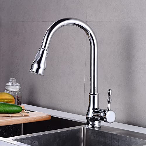Pull-Down-Sprayer-Küchenarmaturen, Einloch-Heiß- und Kaltwasser-Schwenk-Pull-Down-Küchenarmatur, 2 Ausläufe, herausziehbare Küchenspüle-Wasserhähne, Messing-Küchenspüle-Wasserhähne, Chrom von FUDGIO