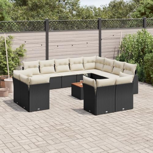 FUDUGEHMIOFWFJJ Gartenbank mit Kissen Grau, Outdoor Gartenmobel Poly Rattan mit Akazienholz, Wetterfeste Loungebank fur Terrasse Garten Balkon, Bequeme Sitzbank mit Polster von FUDUGEHMIOFWFJJ