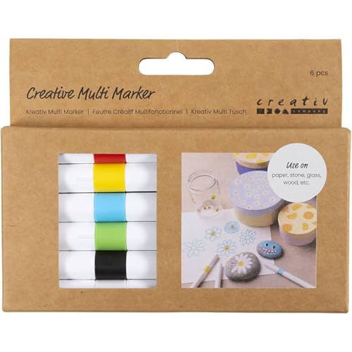 Kreativ Multi Marker – 6 Farben – Acrylmarker Nicht Permanent, Wasserbasiert – Für Stein, Glas, Porzellan, Papier, Holz – Abwaschbar – Feste Filzspitze – Kinderfreundlich von FÜNDIG