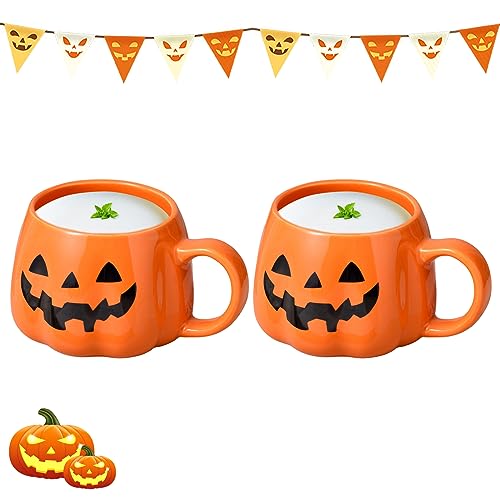 2 Stück Kürbis Tasse Halloween Herbstdeko, Kaffeetasse Kürbis Deko, Halloween Geist Kürbisbecher aus Keramik, Halloween Müslischale Süßigkeiten Keksdose Herbstbecher Geschenk für Halloween Weihnachten von FUFRE