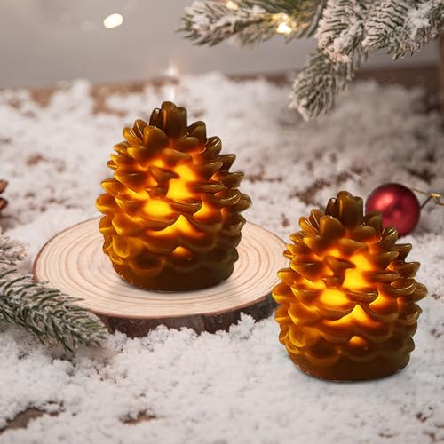 2 Stück LED Kerzen Flackernde Flamme Weihnachtsdeko Innen Tannenzapfen Kerzen Deko Weihnachten Tannenzapfen Flammenlose Kerzen, LED Kerzen für Weihnachten Dekoration, Heimdekoration, Braun 5,8 * 8CM von FUFRE