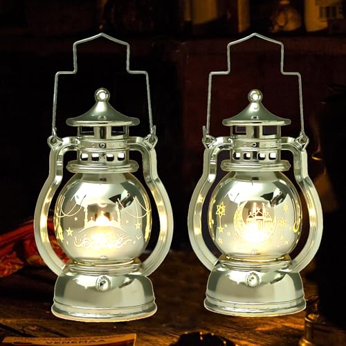 2 Stück Ramadan Deko Lampe, Ramadan Deko Laterne, Eid Mubarak Laterne Mond Stern Dekoration, Vintage Ramadan Dekoration Lichter zum Aufhängen für Islam Muslimische Festival Dekorative (Silber) von FUFRE