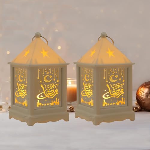 2 Stück Ramadan Deko Laterne, Ramadan Deko Lampe, Eid Mubarak Laterne Mond Stern Dekoration, Ramadan Dekoration Lichter, Ramadan Tischdeko Laterne für Islam Muslimische Festival Dekorative (Weiß) von FUFRE