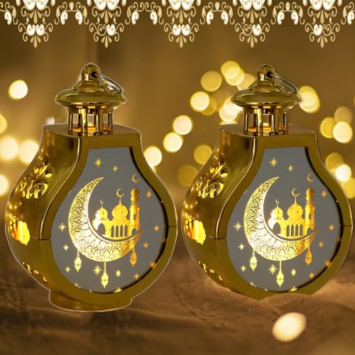 2 Stück Ramadan Deko Laterne, Ramadan Deko Lampe, Eid Mubarak Laterne Mond Stern Dekoration, Ramadan Dekoration Orientalische Windlicht Hängend/Tischdeko für Islam Muslimische Dekorative (Gold) von FUFRE