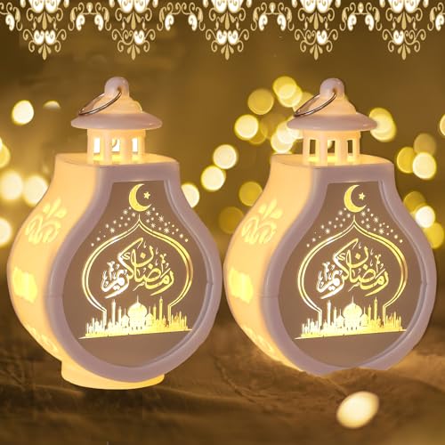 2 Stück Ramadan Deko Laterne, Ramadan Deko Lampe, Eid Mubarak Laterne Mond Stern Dekoration, Ramadan Dekoration Orientalische Windlicht Hängend/Tischdeko für Islam Muslimische Dekorative (Weiß) von FUFRE