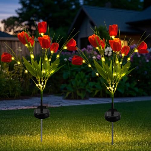 2 Stück Tulpe Solarlampen für Außen Garten, Solarleuchten für Außen Tulpe, IP65 Wasserdicht Solarlaterne für Draußen, Künstliche Blumen mit LED Solar Gartenleuchten für Geburtstag Geschenk (Rot) von FUFRE