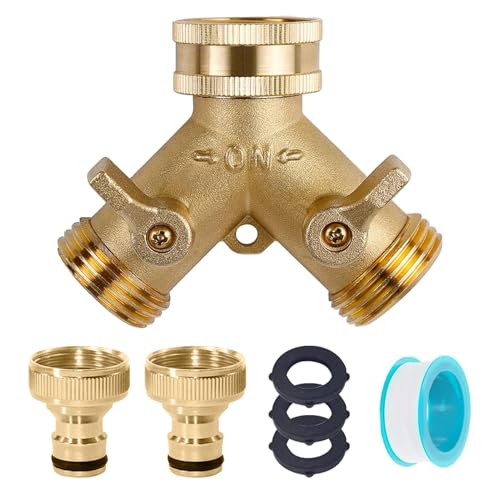 2 Wege Verteiler Wasser 3/4 Zoll, Y Verteiler 3/4 Zoll mit Verlängerter Griff, Messing Wasseranschluss Verteiler, Wasserverteiler 2 Wege, Wasserhahn Verteiler, fürGarten Geräte Bewässerung (Gelb) von FUFRE