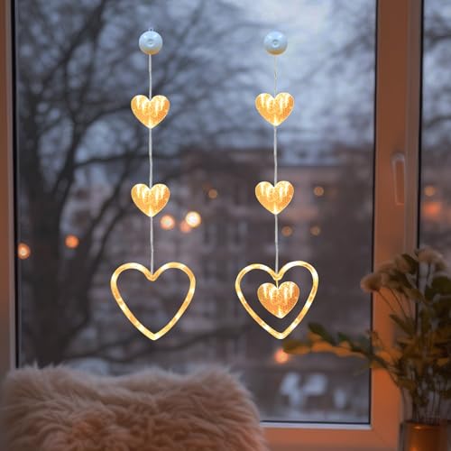 2PCS LED Lichterkette Fenster mit Saugnäpfe, Herze Lichterkette Fenster Deko, LED Lichterkette zum Aufhängen Warmweiß Herz Lichter Fensterbeleuchtung Valentinstag Ramadan Deko von FUFRE