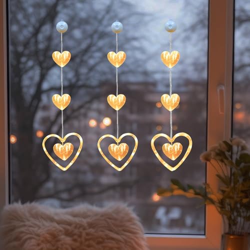 3 Stück LED Lichterkette Fenster mit Saugnäpfe, Herze Lichterkette Fenster Deko, LED Herze Lichterkette zum Aufhängen Warmweiß Herz Lichter Fensterbeleuchtung für Valentinstag Ostern Ramadan Deko von FUFRE