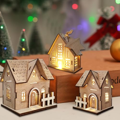 3 Stück Weihnachtsdeko Weihnachtsstadt Weihnachtsdorf Weihnachten Deko Holz LED Weihnachtsdorf mit Beleuchtung Weihnachtshaus Weihnachtsbeleuchtung Innen Miniatur Weihnachtsdorf Weihnachtsdekoration von FUFRE