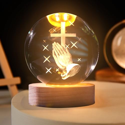 3D Kristallkugel Nachtlicht, USB Betende 3D-Kristallhände Mit Jesus-Kreuz-Statue, Gravierte Heilige-Familien-Figur Mit Holzsockel, Religiöse Geschenke Für Die Inneneinrichtung (A) von FUFRE