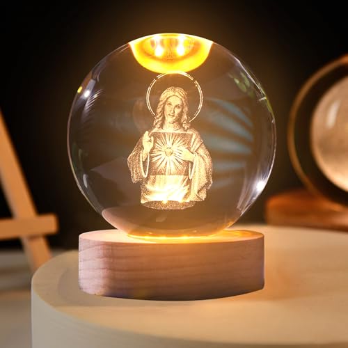 3D Kristallkugel Nachtlicht, USB Betende 3D-Kristallhände Mit Jesus-Kreuz-Statue, Gravierte Heilige-Familien-Figur Mit Holzsockel, Religiöse Geschenke Für Die Inneneinrichtung (B) von FUFRE