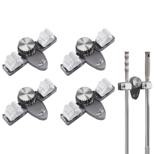 Besenhalterung Wand Saugnapf, 2 Stück Gartengerätehalter Ohne Bohre, Gerätehalter Zum Aufhängen von 2 Wischmopps, Mopphalter mit Haken, Werkzeug Wandhalterung für Wischmopp, Besen, Schaufel (Grau*4) von FUFRE